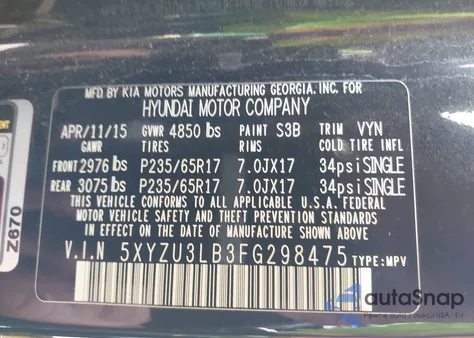 2015 Hyundai Santa Fe Sport 2.4L from USA, damaged, VIN 5XYZU3LB3FG298475